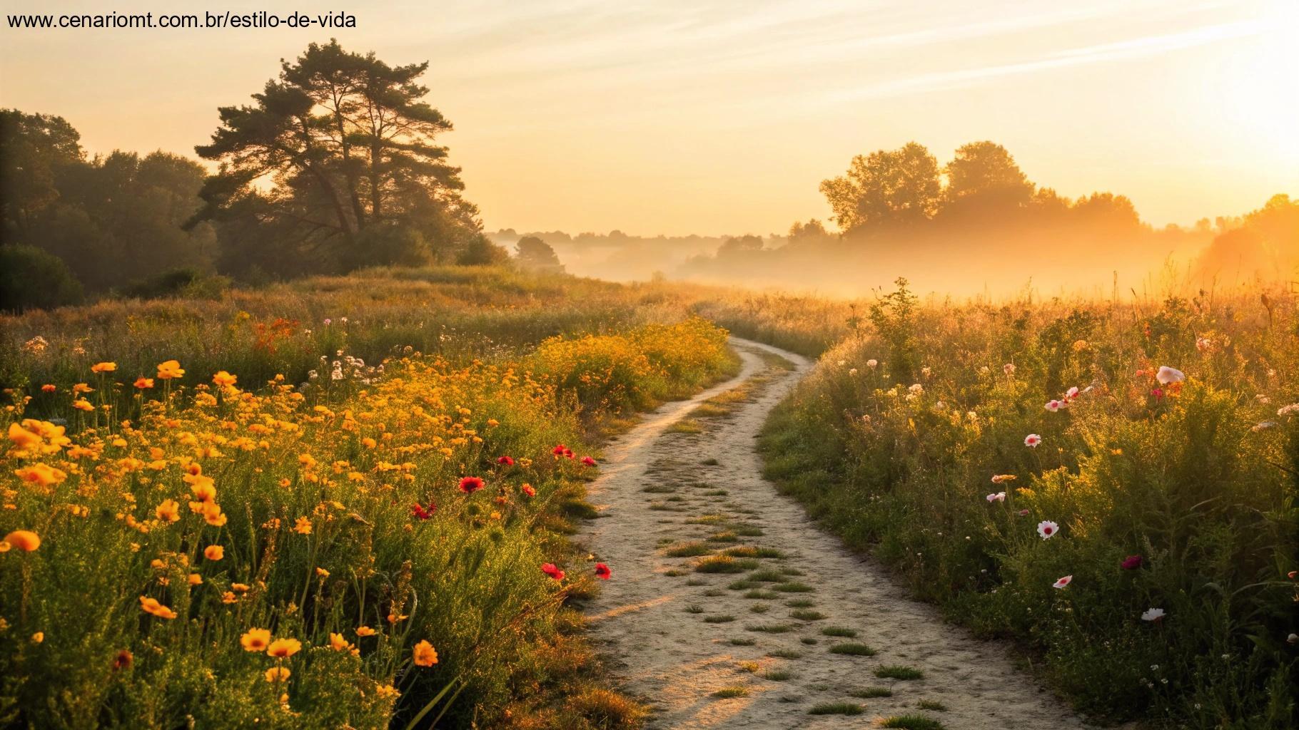 Um caminho através de um campo de flores banhado por luz dourada, simbolizando transformação através da oração