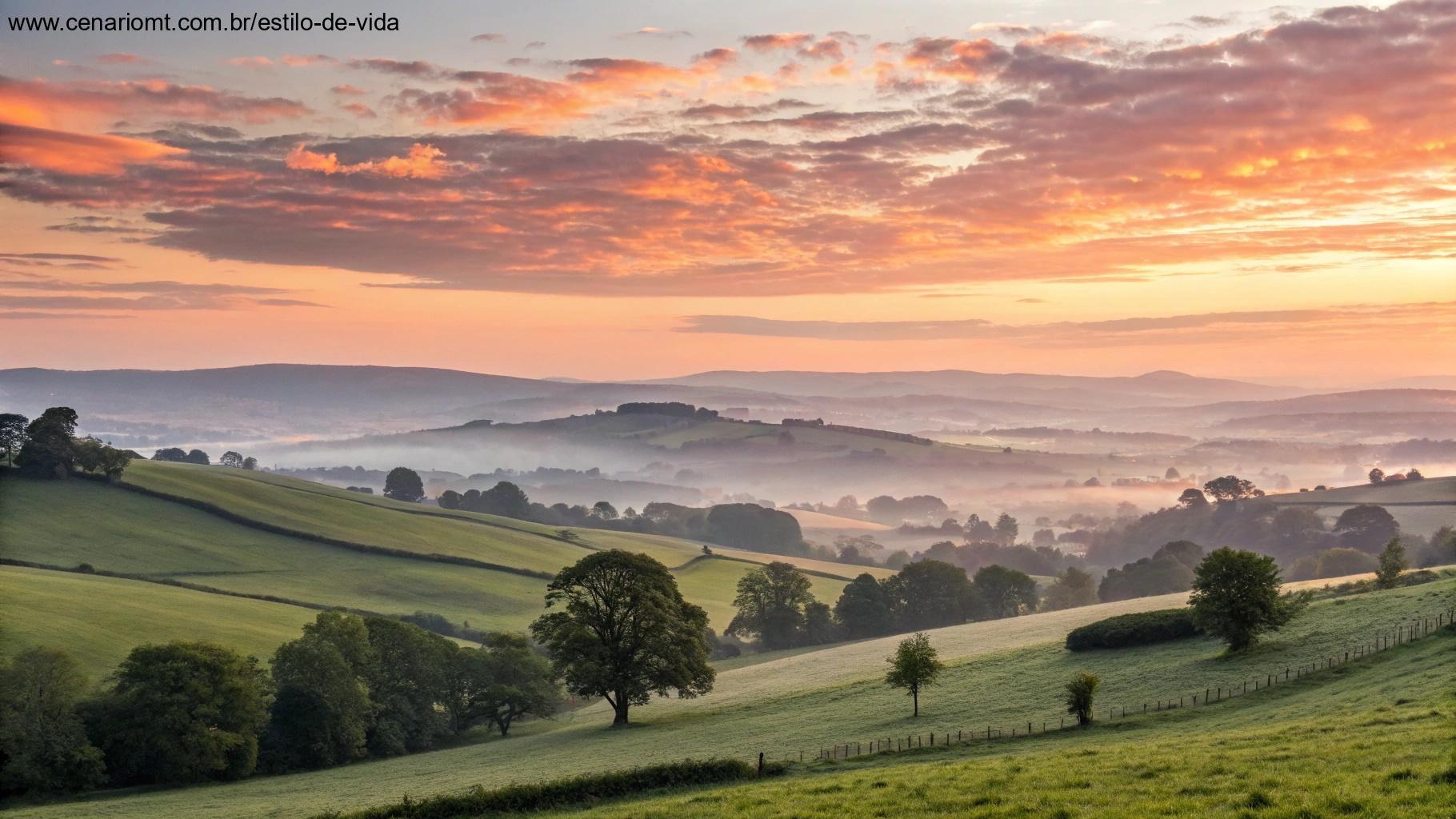 Um belo amanhecer sobre o campo tranquilo, simbolizando o poder transformador da Palavra de Deus em nossas vidas, com nuances suaves de luz iluminando o horizonte.