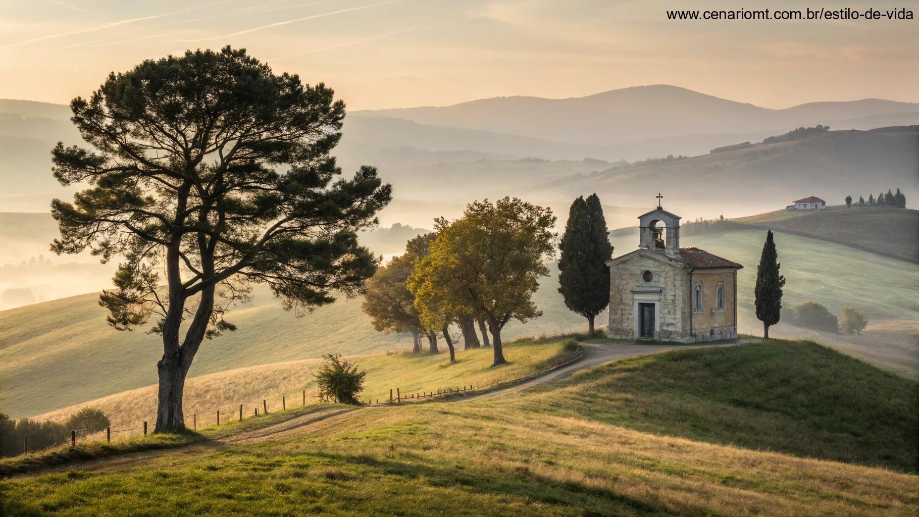 Paisagem tranquila com uma capela no topo de uma colina, árvores se movendo suavemente ao vento.