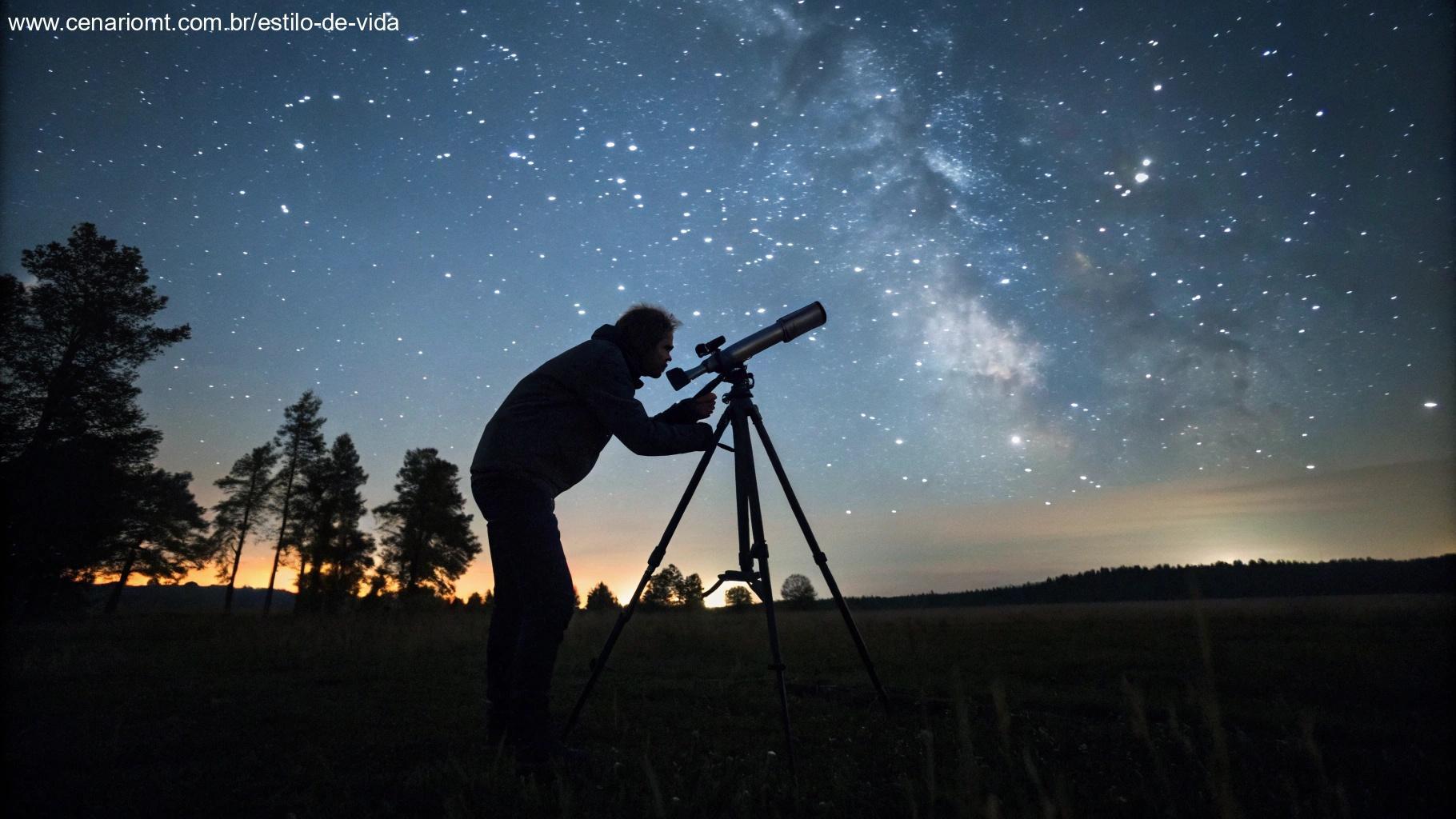 Pessoa usando um telescópio para observar a lua em um campo escuro