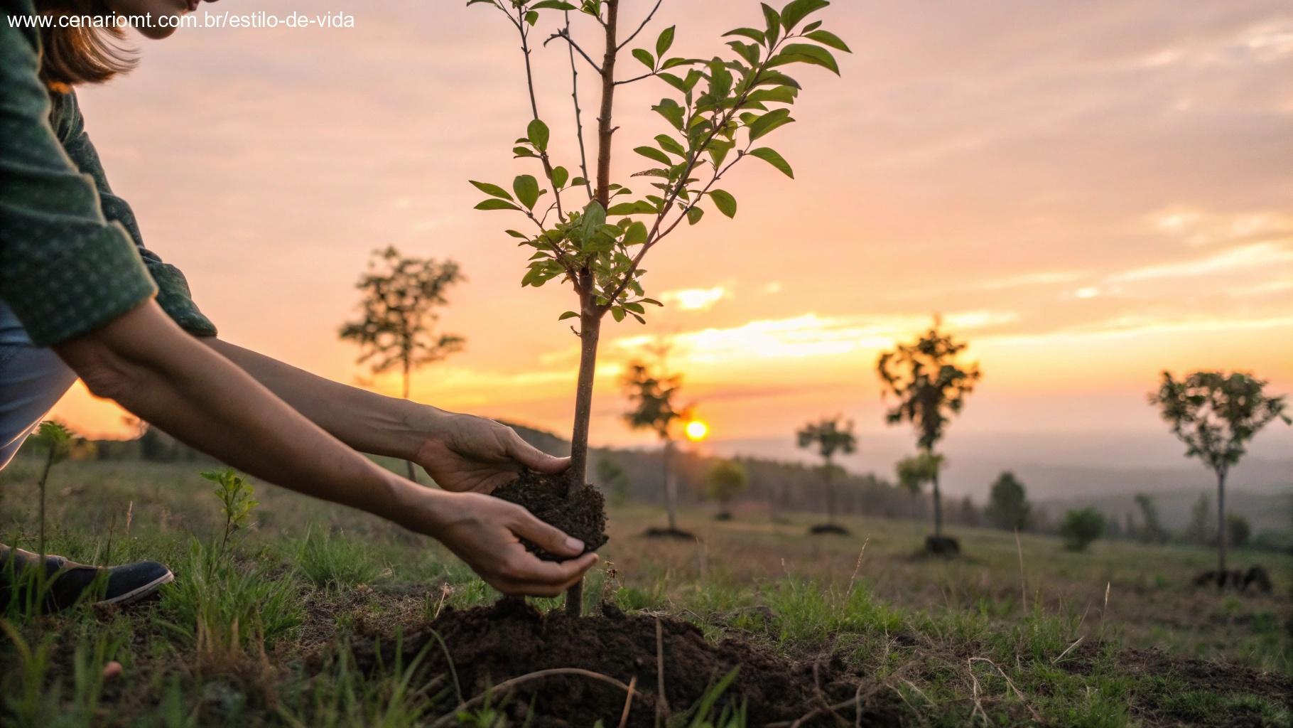 Mãos de pessoa plantando uma árvore jovem ao pôr do sol, com outras pequenas árvores crescendo ao fundo