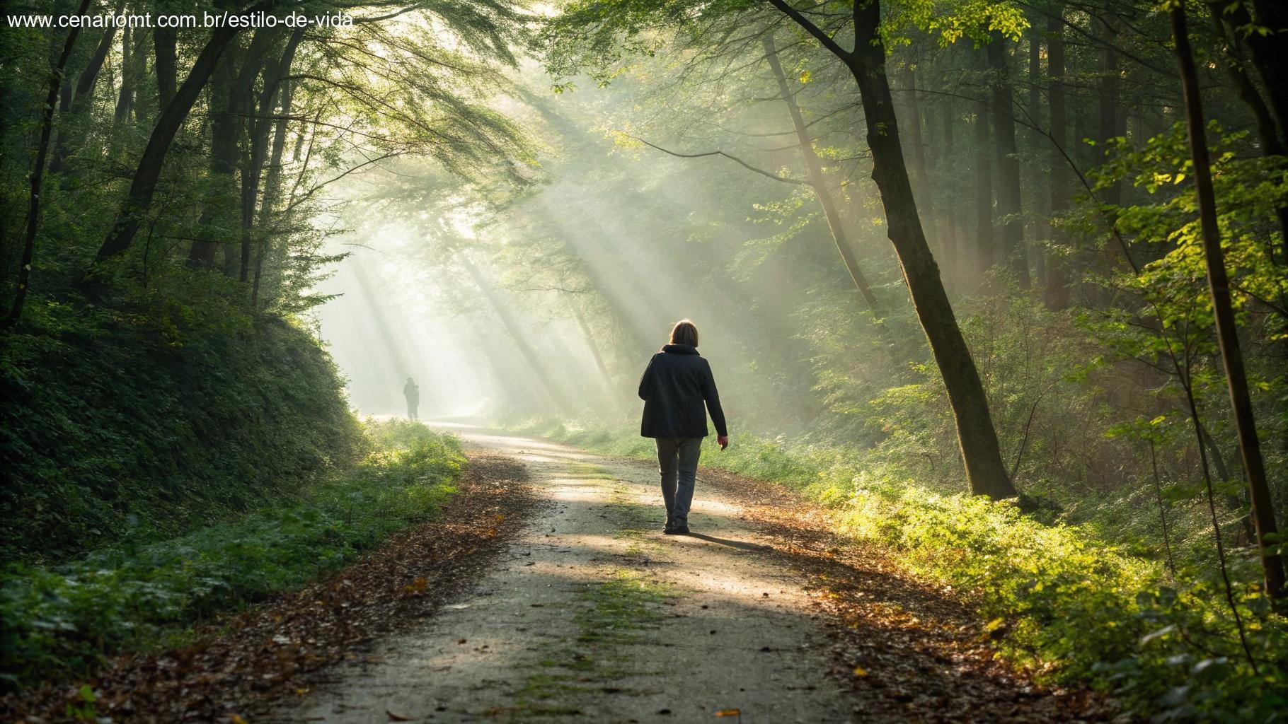 Pessoa caminhando em trilha na floresta com luz entre as árvores