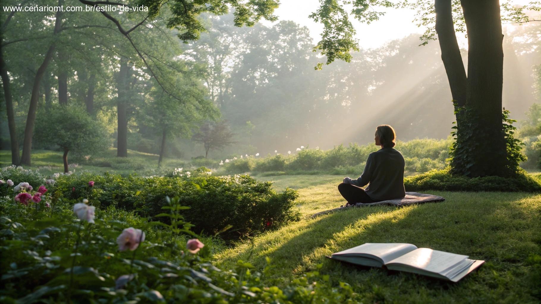 Pessoa meditando em jardim tranquilo com Bíblia por perto