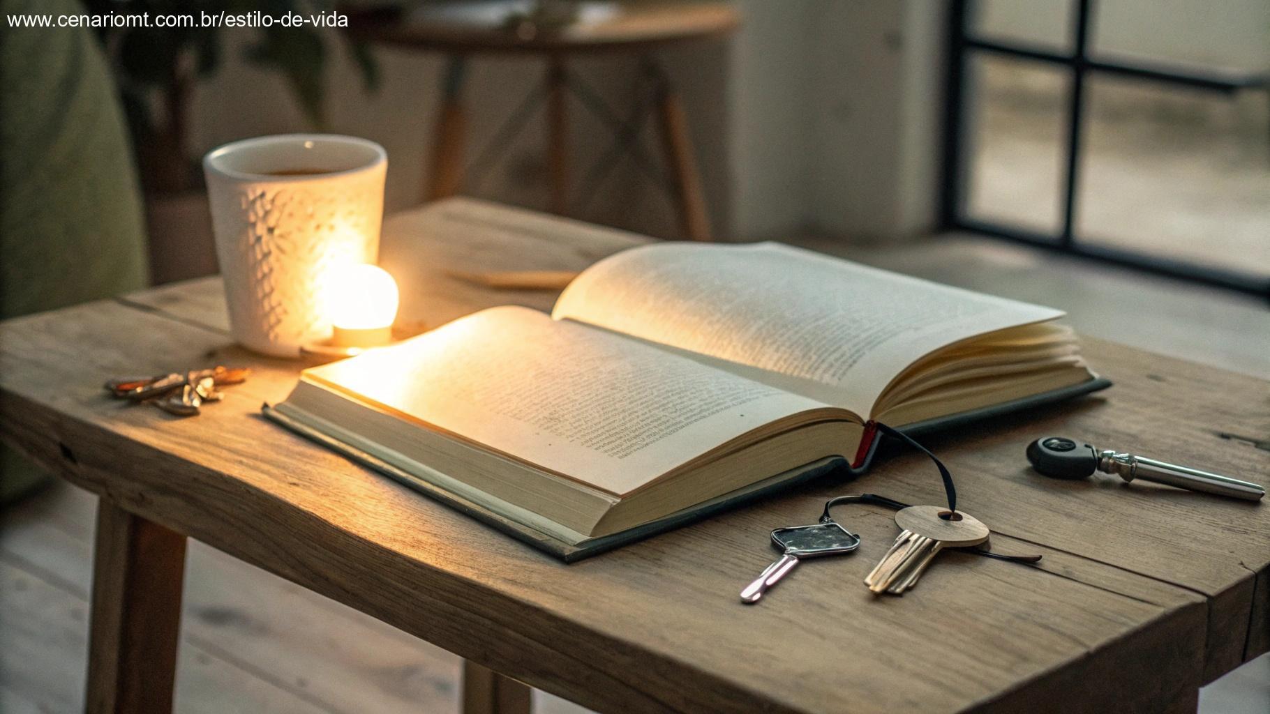 Livro aberto com aura brilhante em cima de uma mesa de madeira simples