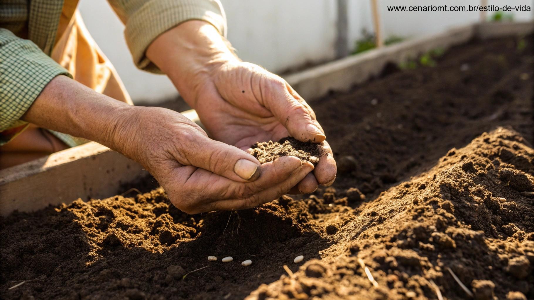 Mãos calejadas plantando sementes em solo fértil, com a luz do sol destacando a ação