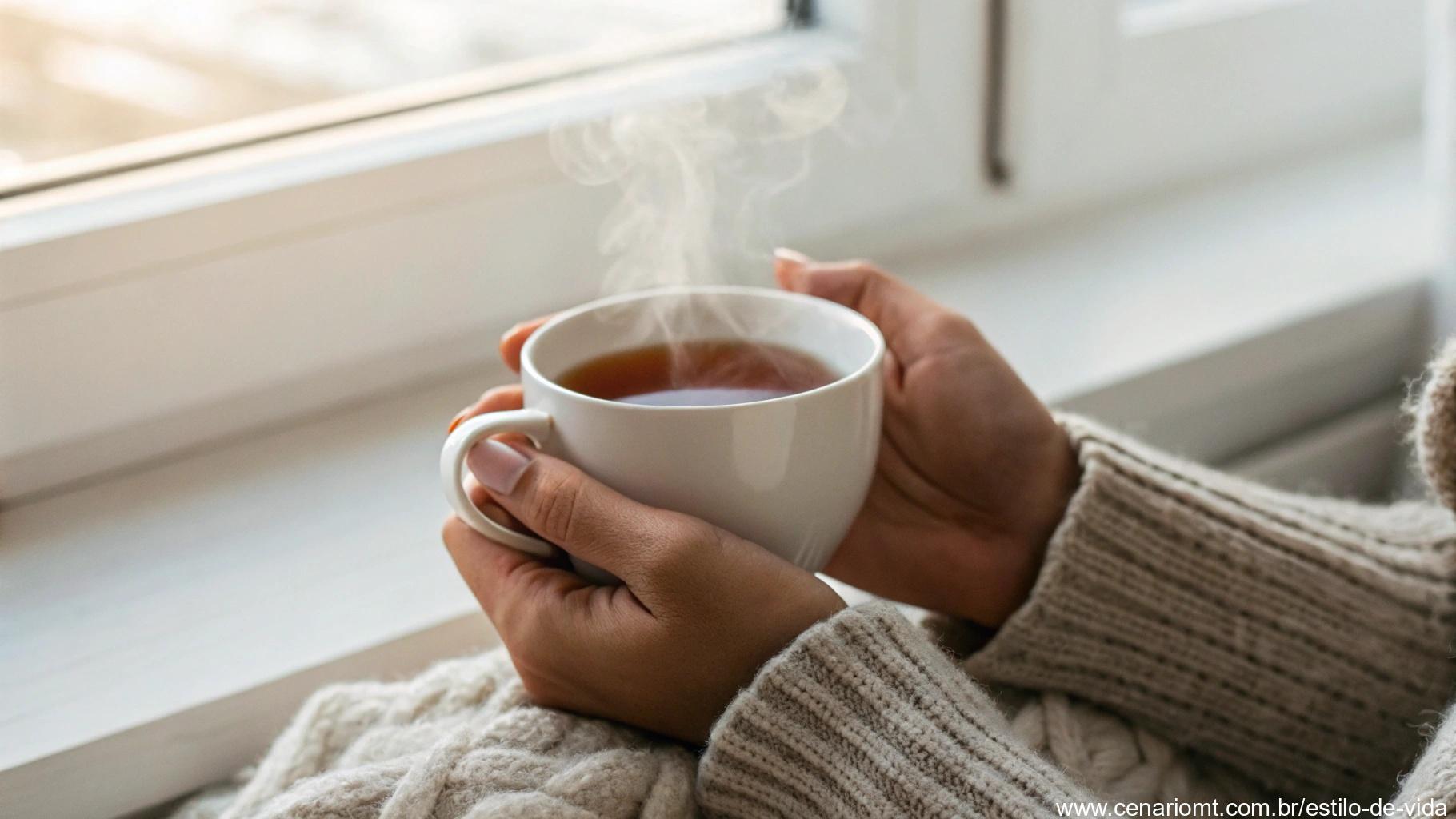 Par de mãos segurando uma xícara de chá com vapor subindo, criando uma atmosfera aconchegante