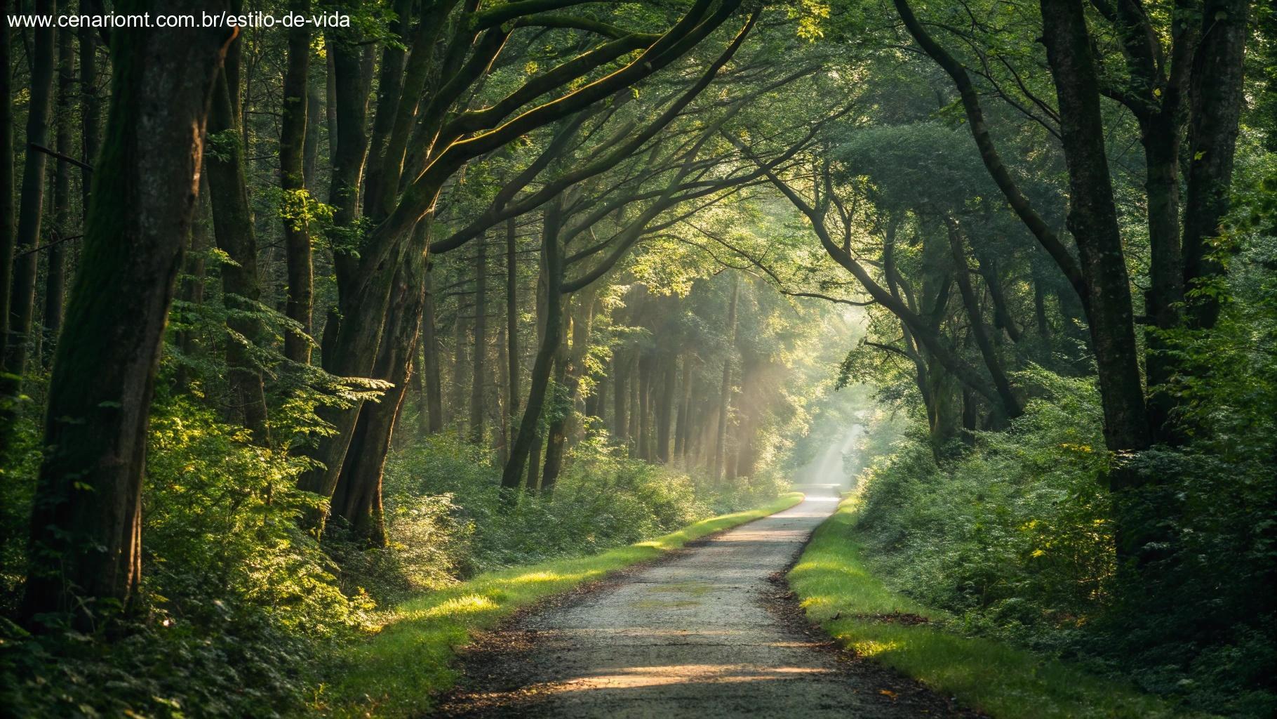 Caminho através de uma floresta com luz atravessando as copas das árvores, mostrando a jornada prática da fé