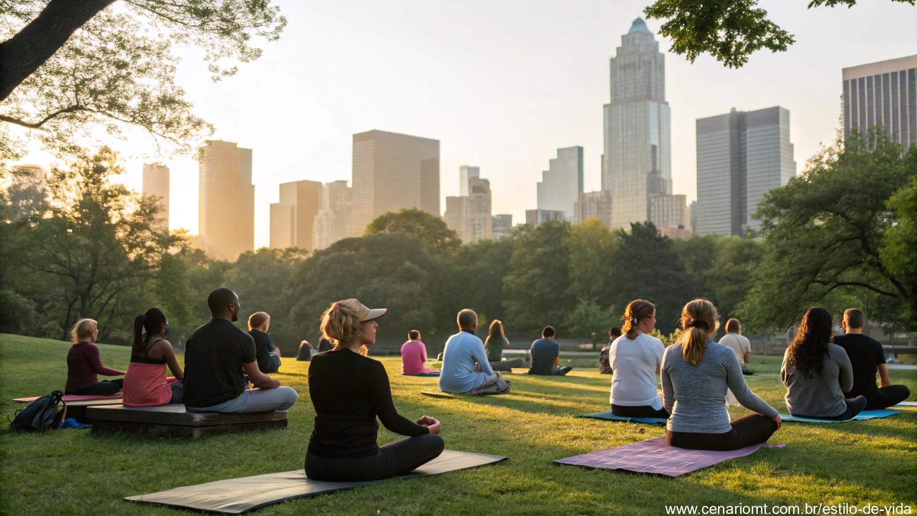 Grupo diversificado praticando meditação coletiva em parque urbano ao amanhecer
