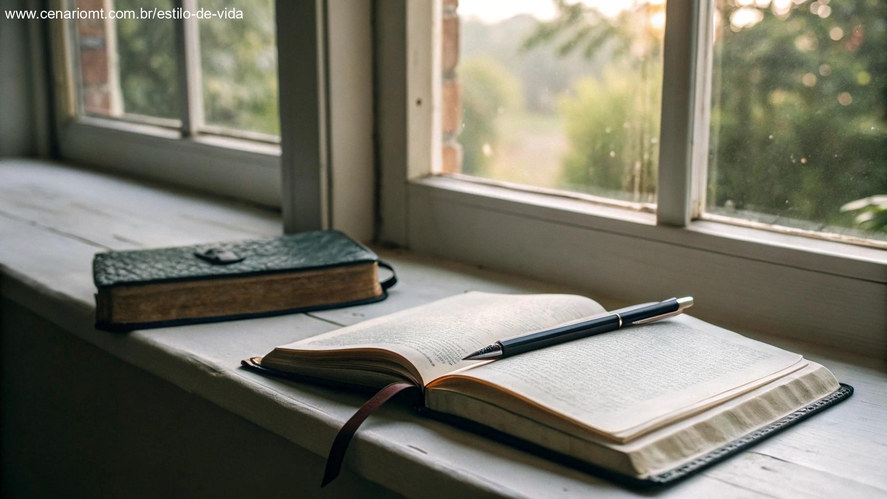 Jornal e Bíblia ao lado da janela iluminada, inspirando reflexão espiritual