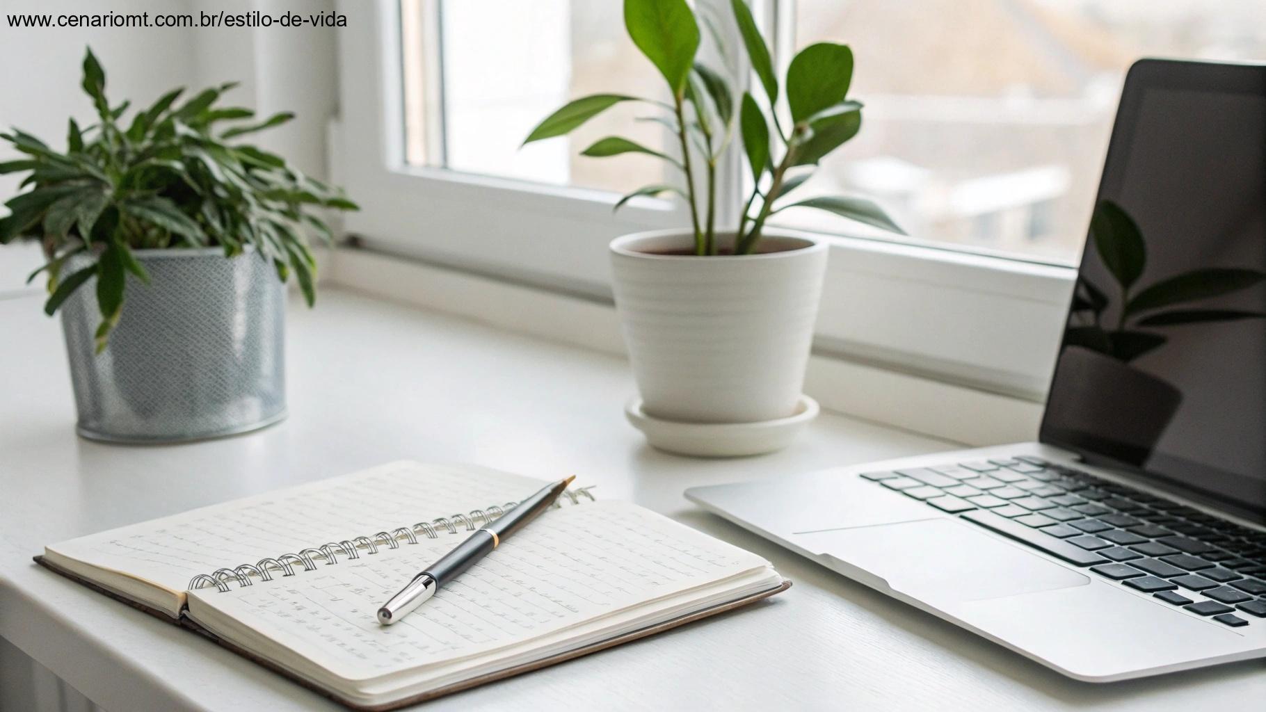 Espaço de trabalho moderno com um laptop e um caderno com anotações dos Salmos