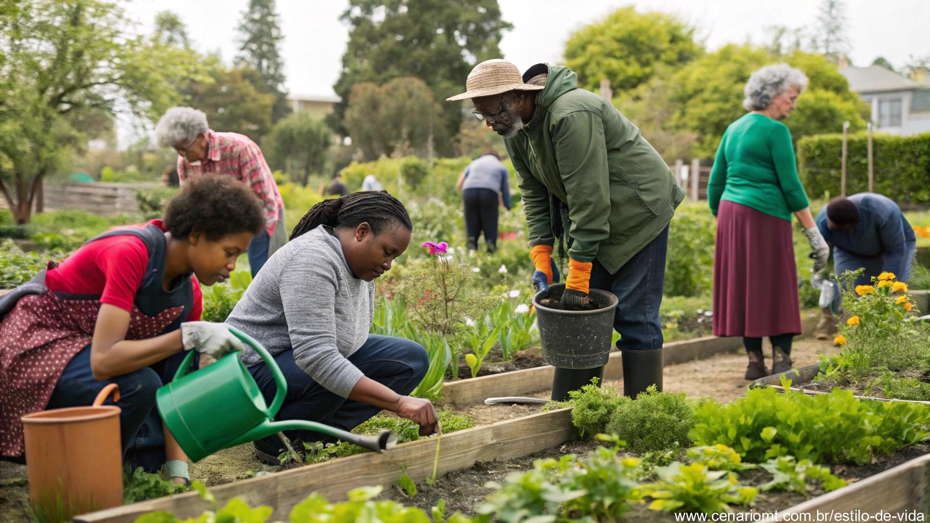 Grupo de pessoas diversas ajudando-se mutuamente em um jardim comunitário