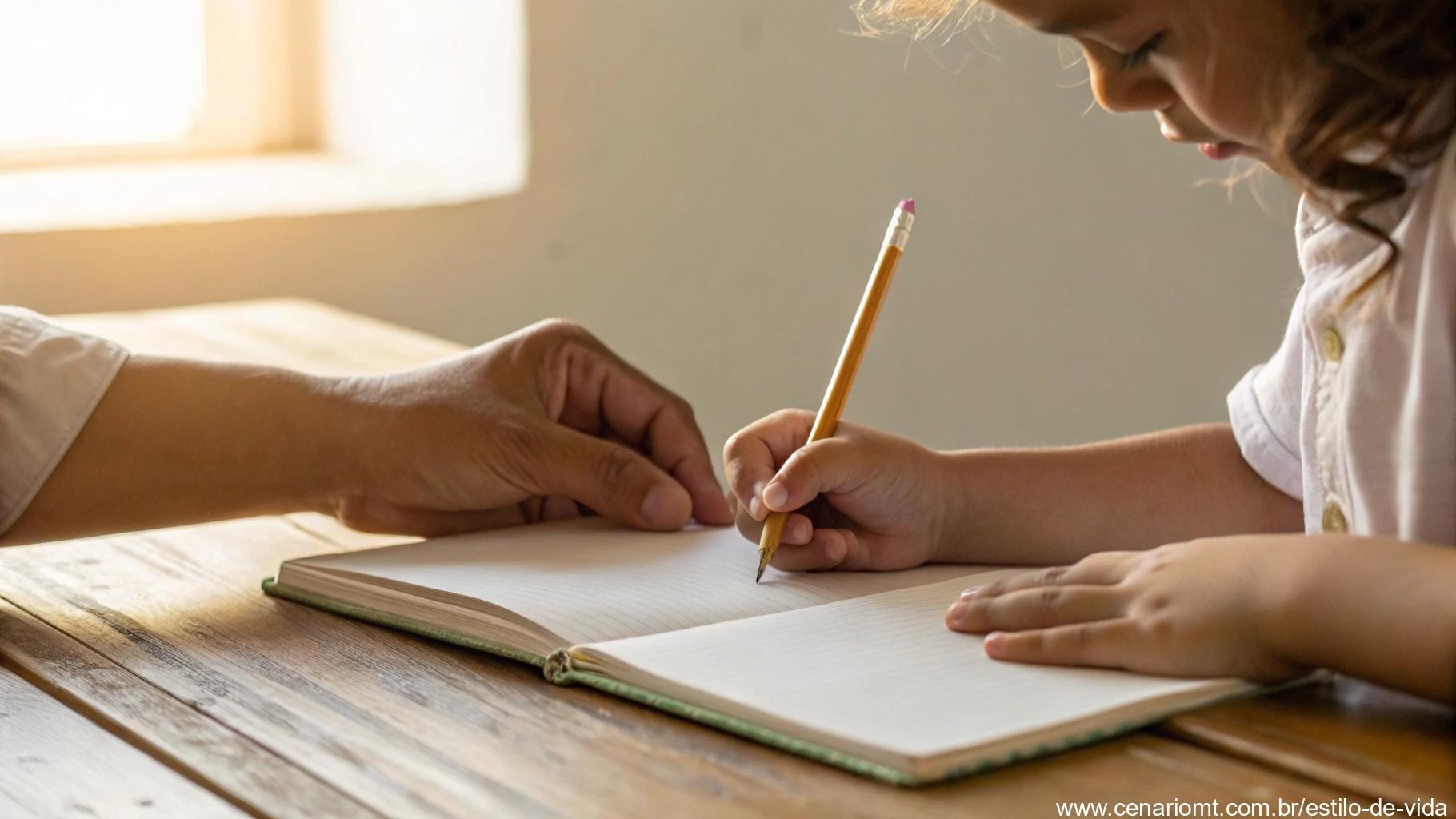 Mão guiando gentilmente a mão de uma criança enquanto escrevem em um caderno, com luz suave criando atmosfera de paciência e aprendizado