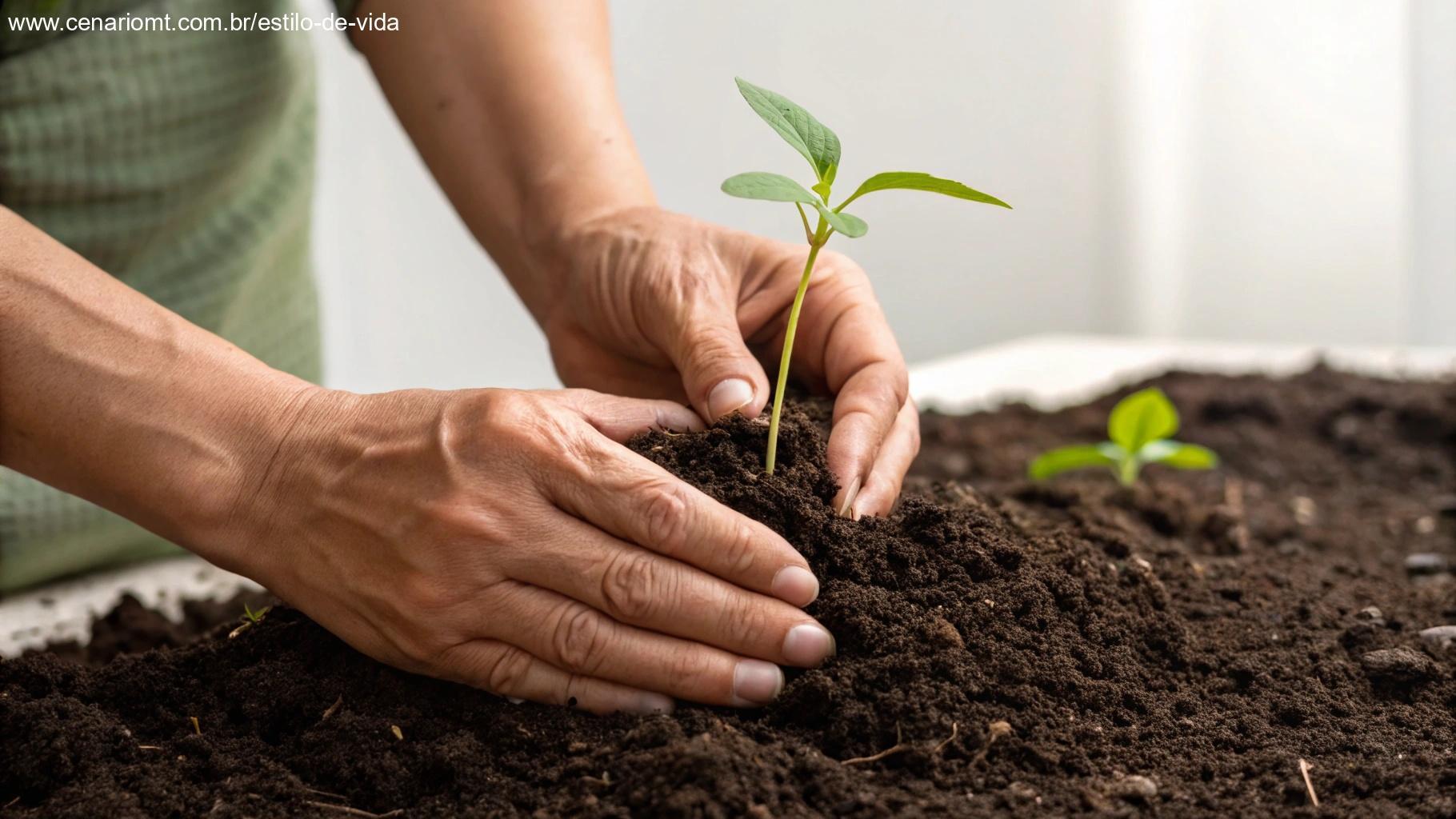 Par de mãos plantando delicadamente uma muda em solo fértil