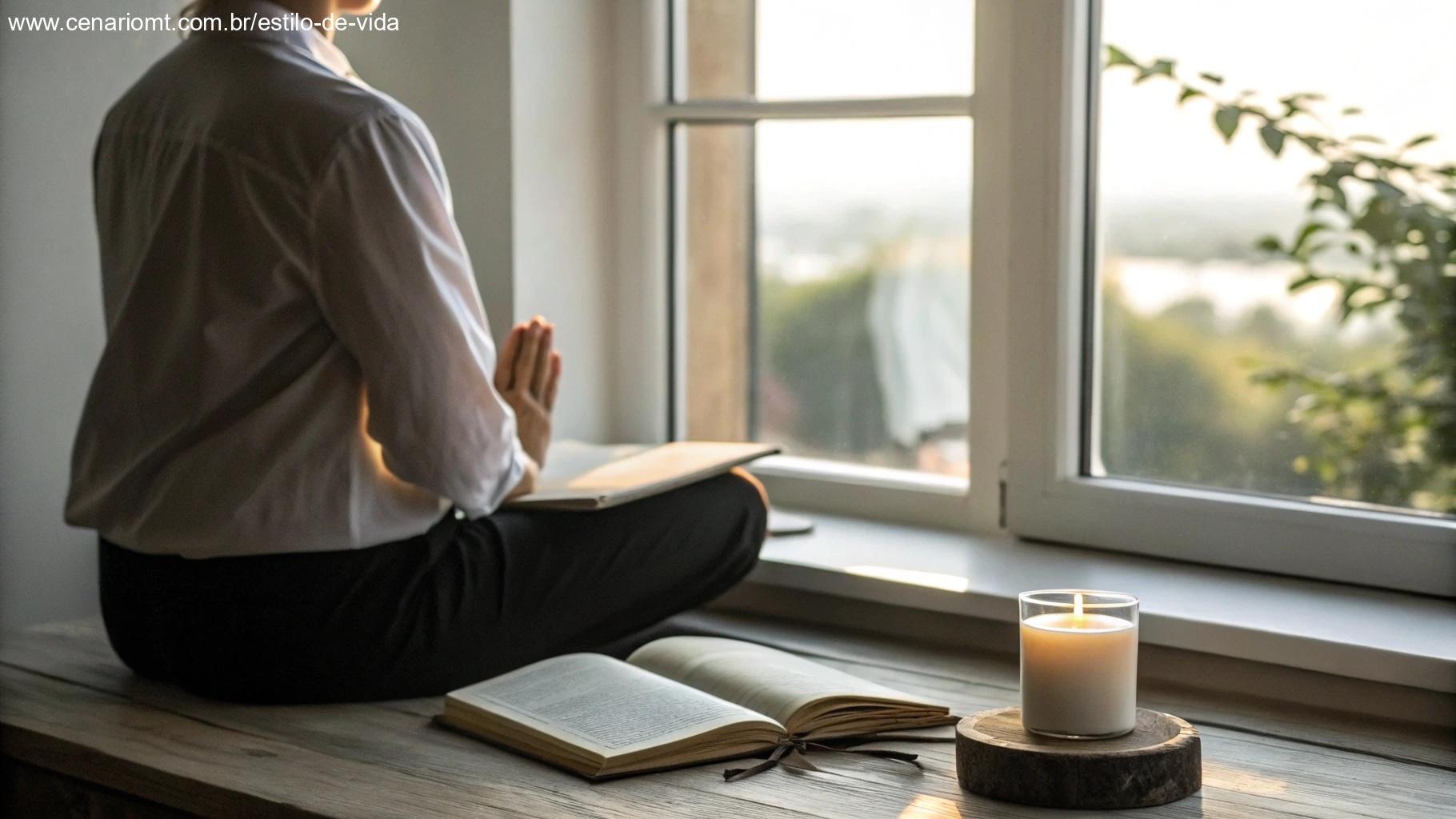Profissional moderno em momento de reflexão espiritual no trabalho