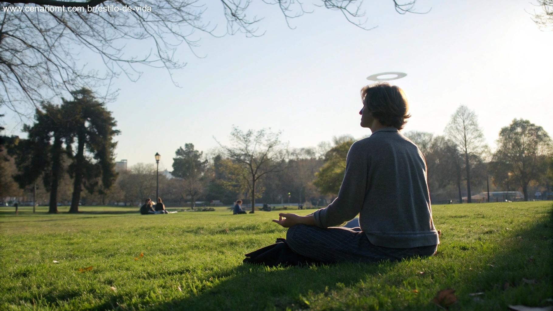 Pessoa moderna meditando em um parque, integrando espiritualidade e vida cotidiana
