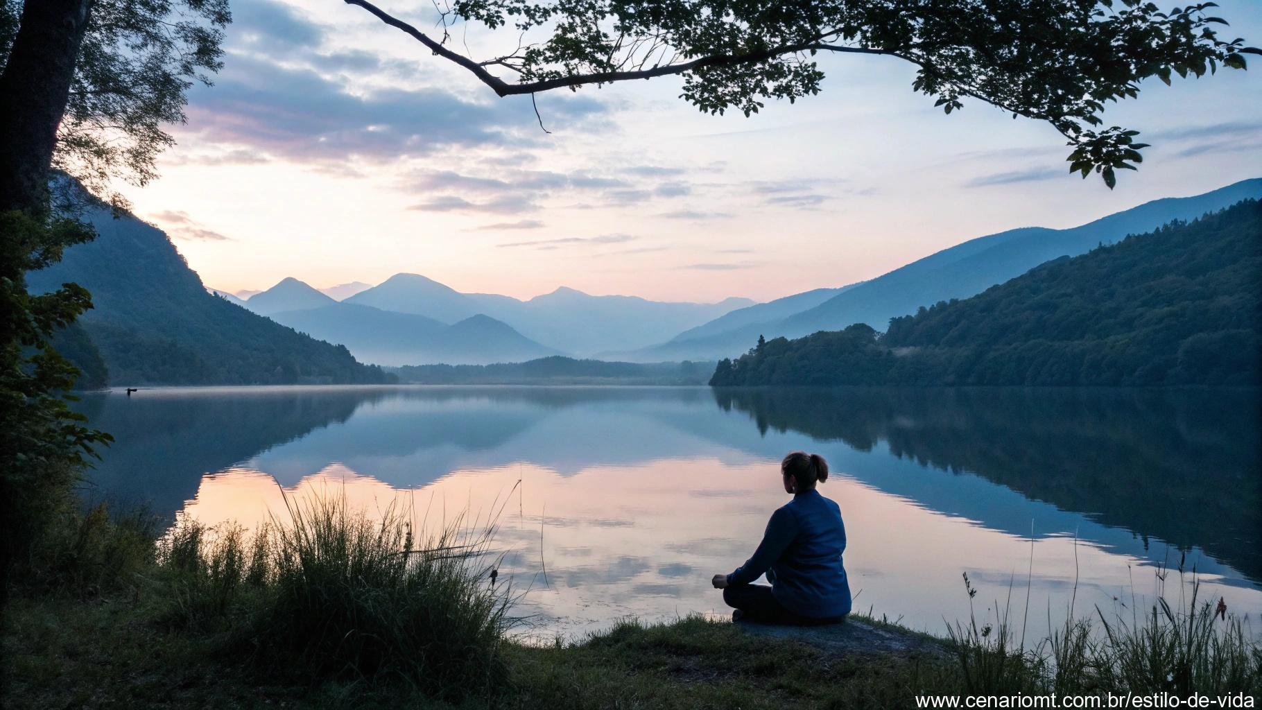 Uma paisagem serena ao amanhecer, com uma pessoa meditando à beira de um lago calmo cercado por montanhas, representando a conexão com a espiritualidade e a energia pacífica do sábado.