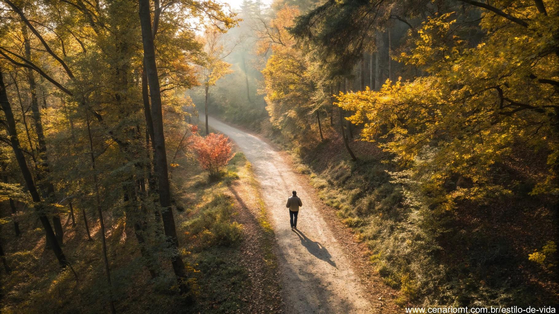 Vista aérea de pessoa caminhando por trilha na floresta com árvores coloridas