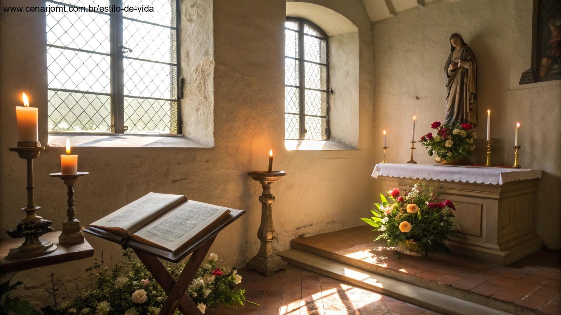 Interior sereno de capela com velas e flores para devoção