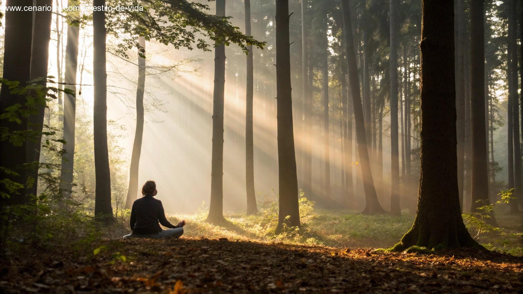 Pessoa meditando em floresta tranquila com luz da manhã