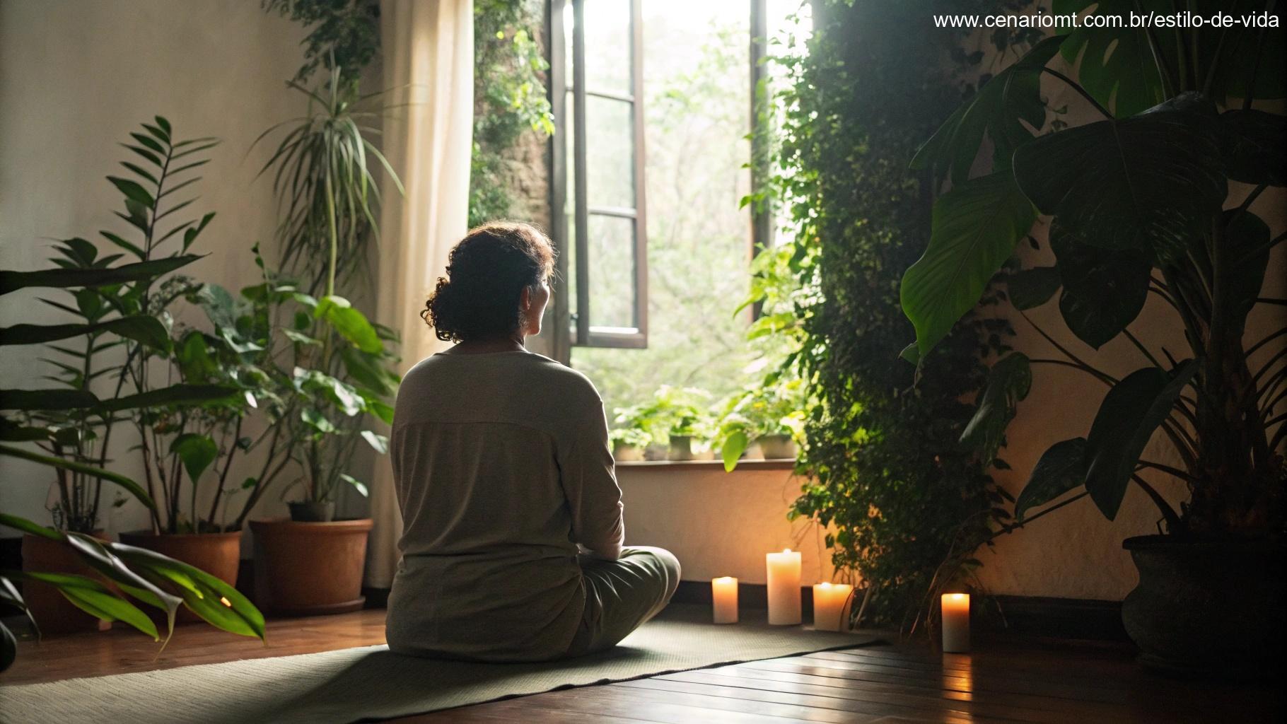 Pessoa em um ambiente tranquilo, cercada por velas e plantas, refletindo em paz.