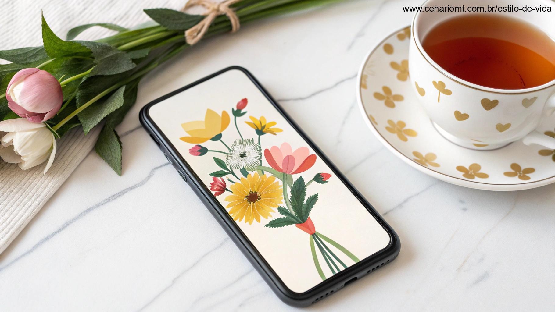 Tela de smartphone exibindo uma mensagem de 'Bom Dia' com design amigável e alegre, rodeada por flores frescas e uma xícara de chá, ilustrando a alegria de enviar cumprimentos positivos aos amigos.