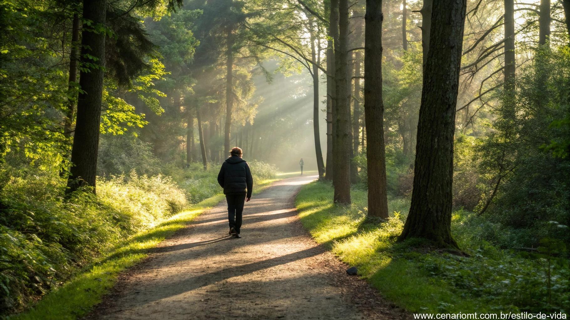 Pessoa caminhando por uma trilha com luz do sol entre árvores