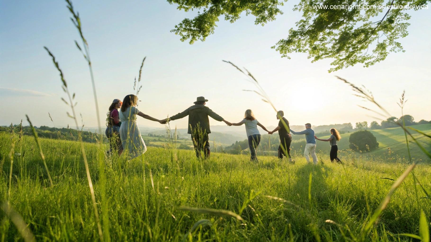 Imagem de pessoas de mãos dadas formando um círculo em um campo verde