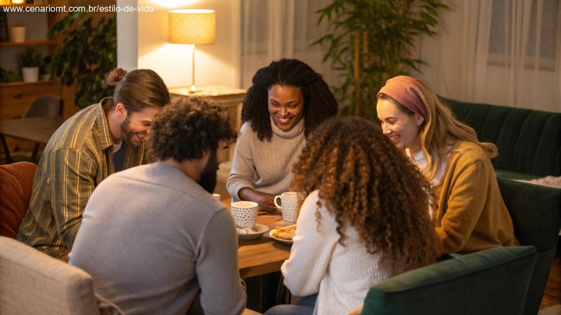 Um grupo de pessoas reunidas ao redor de uma mesa em um ambiente aconchegante, trocando palavras gentis e se apoiando.