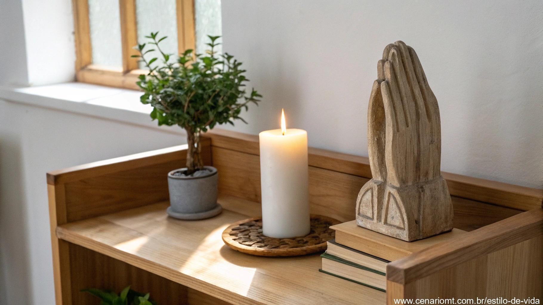 Canto de oração simples com vela, planta e escultura de mãos postas, iluminação natural suave