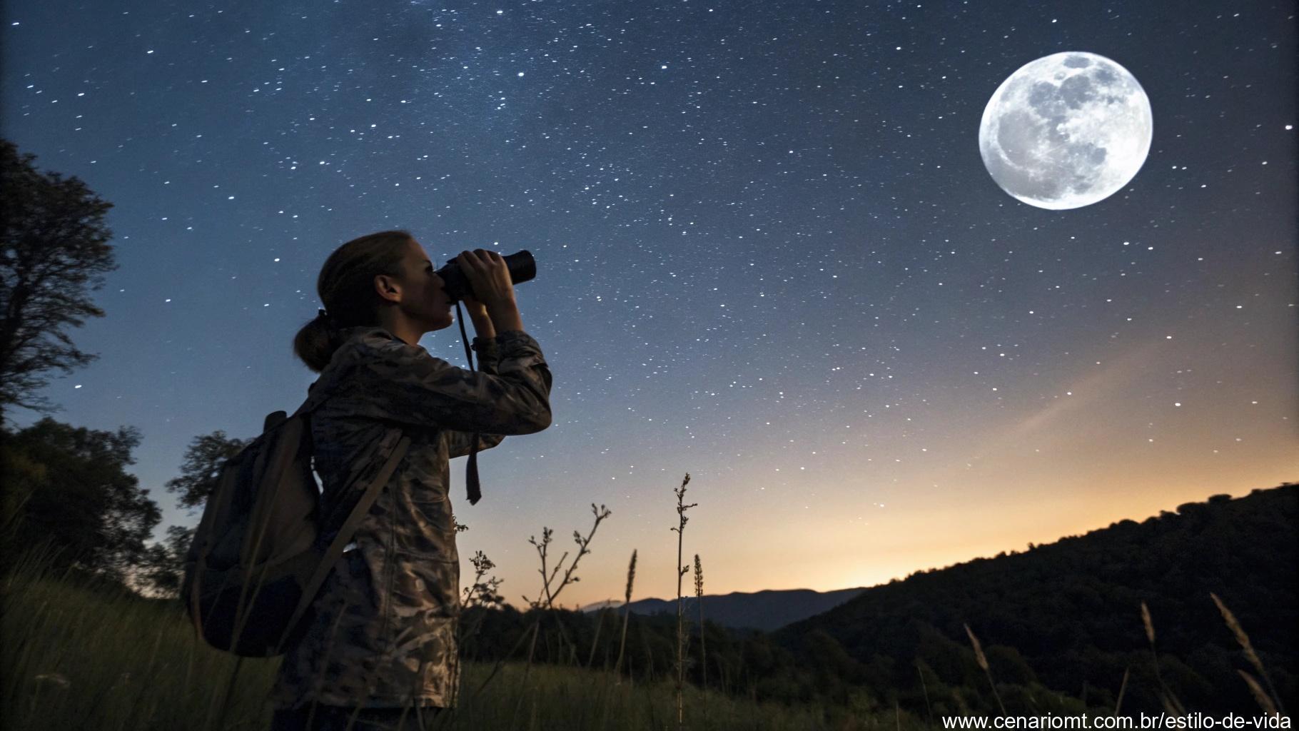 Pessoa observando a Lua com telescópio