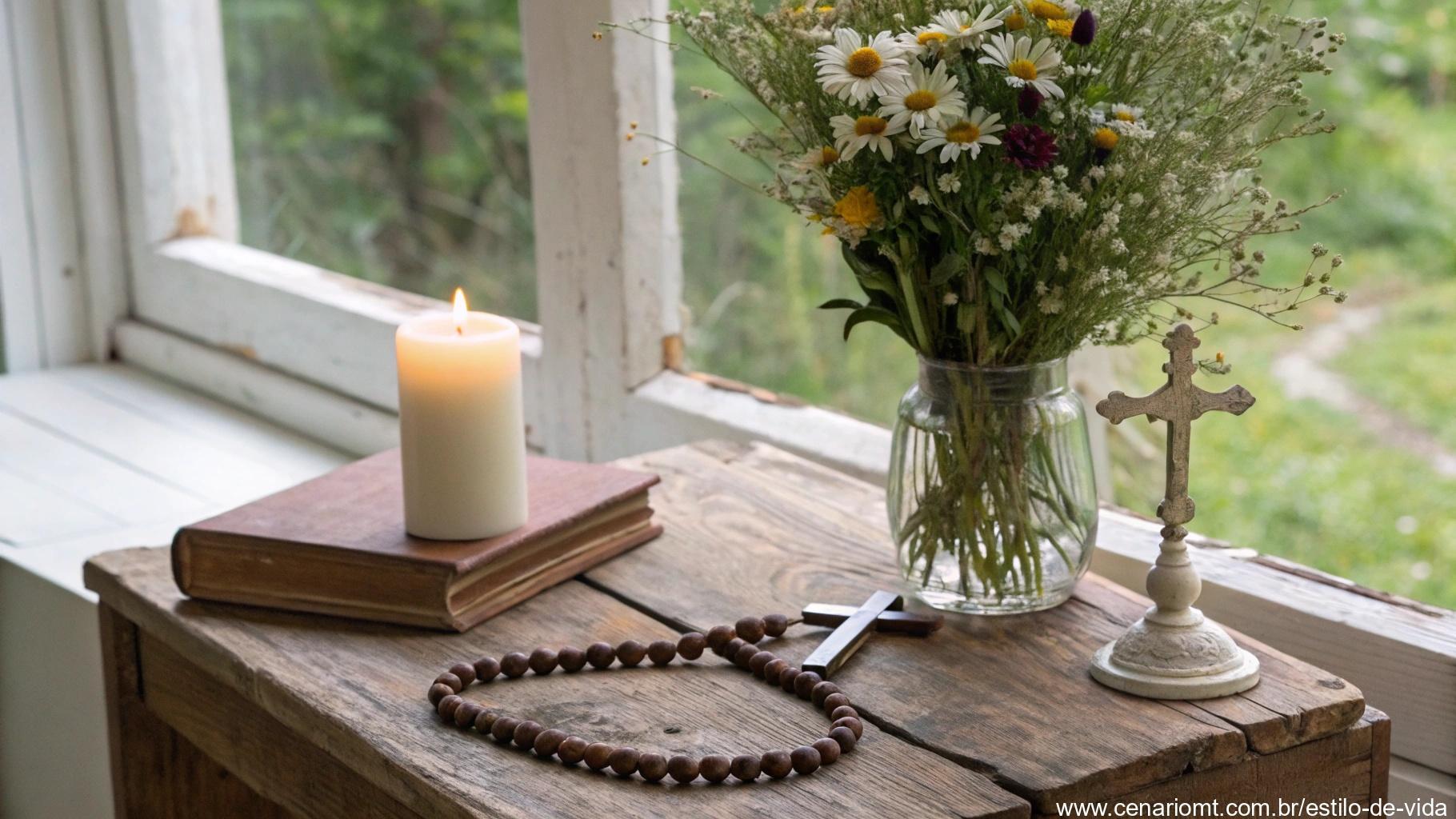 Canto de oração em casa com vela pequena, terço e vaso com flores silvestres em mesa rústica