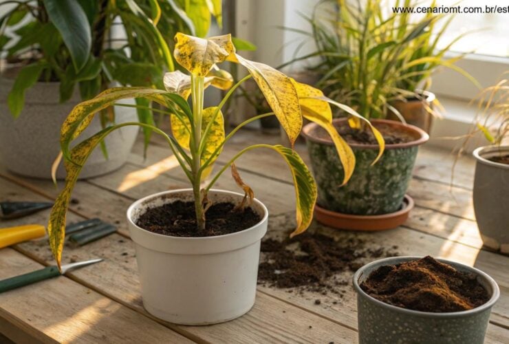 Plantas murchando sendo cuidadas com ferramentas de jardinagem