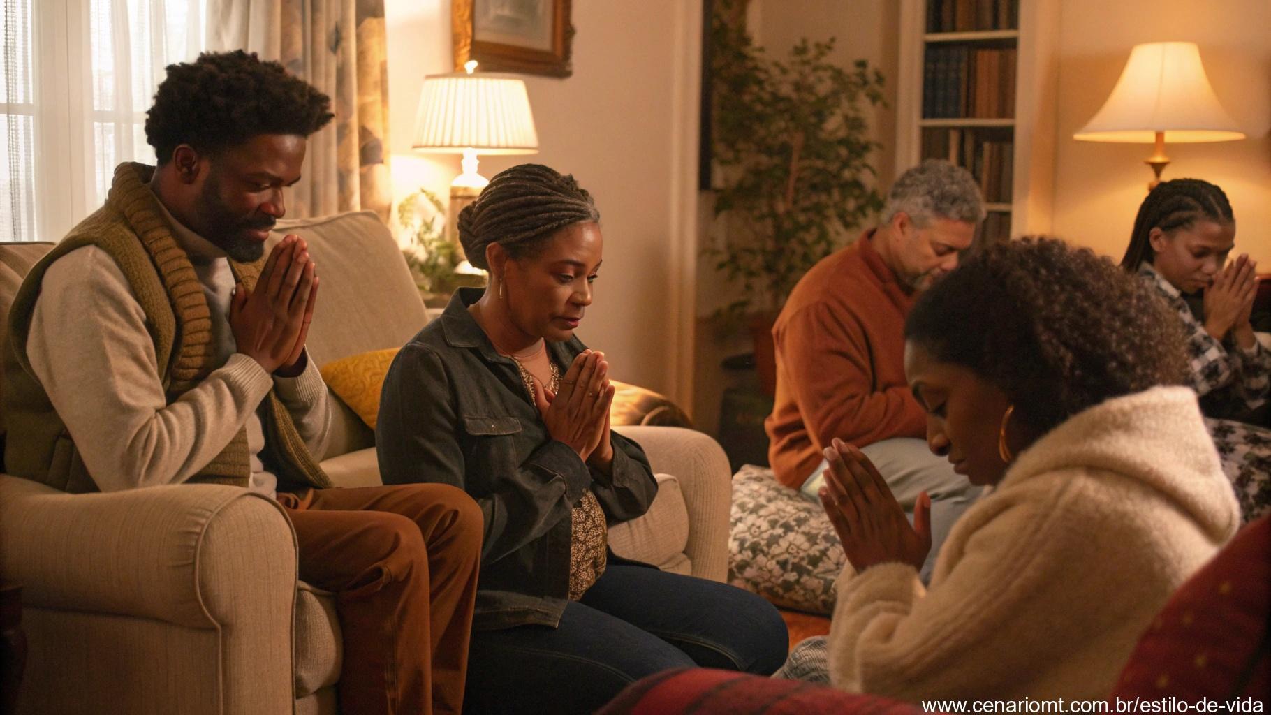 Imagem de um grupo reunido em oração em uma sala aconchegante