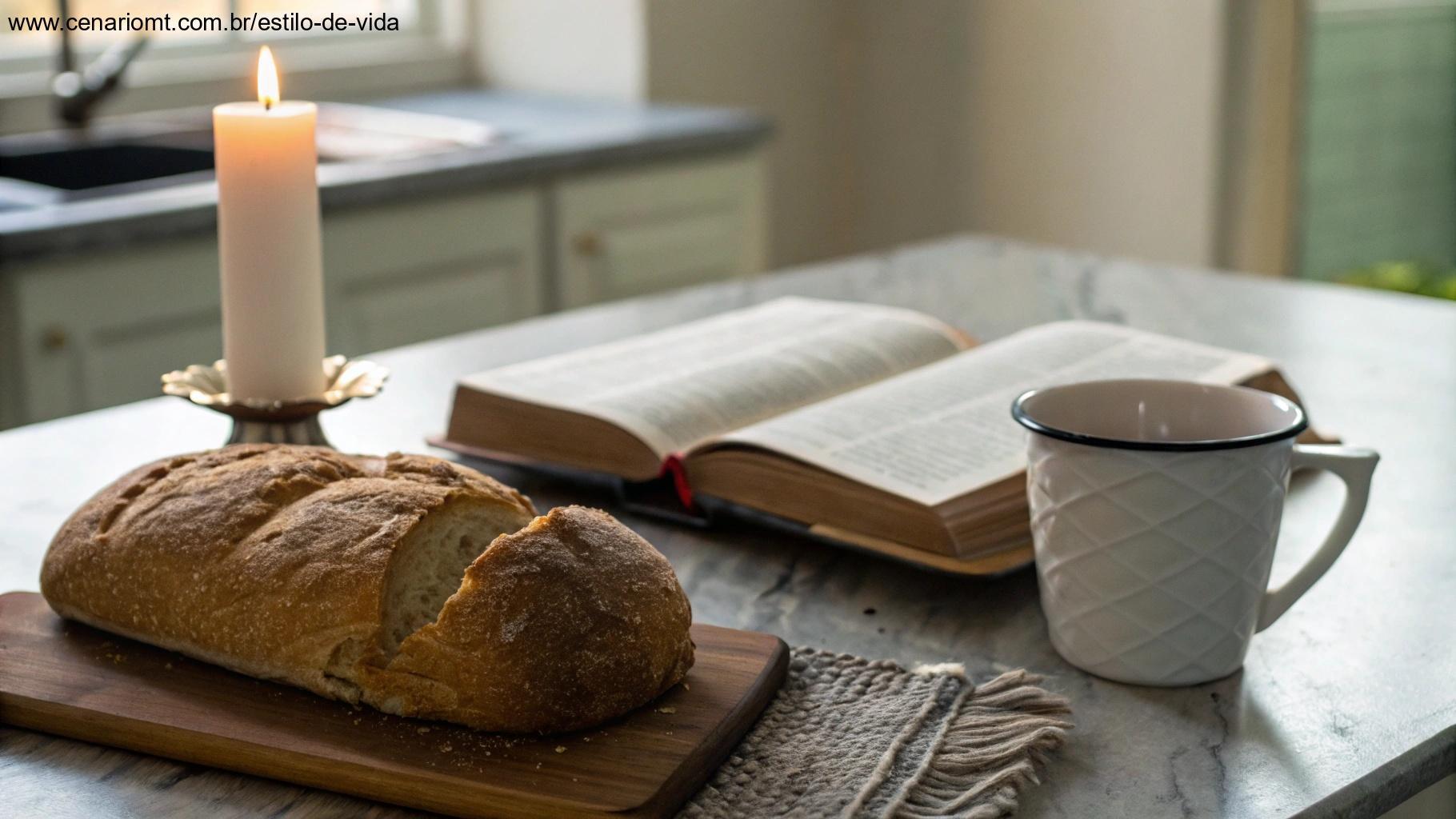 Mesa simples com elementos do cotidiano ao lado de um livro de orações
