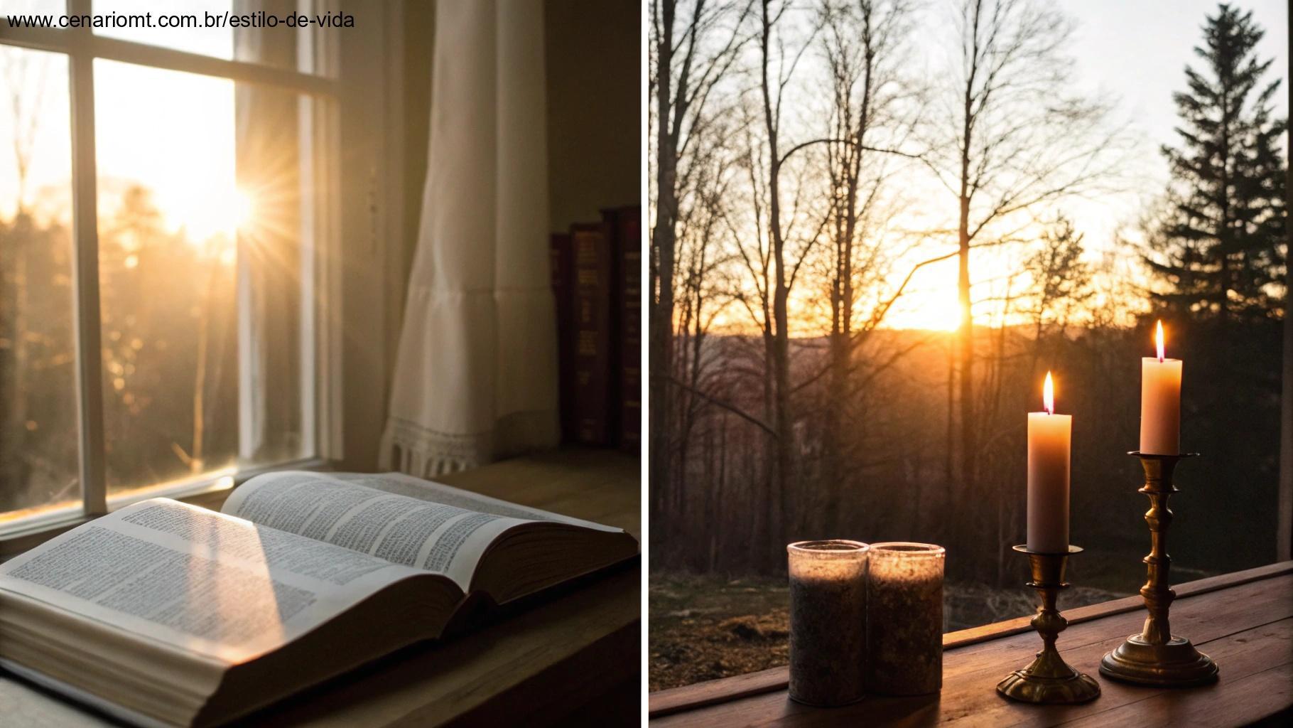 Duas imagens contrastantes lado a lado: uma mostrando uma noite tranquila de sábado com velas e bíblia fechada, outra uma manhã vibrante de domingo com luz solar e bíblia aberta