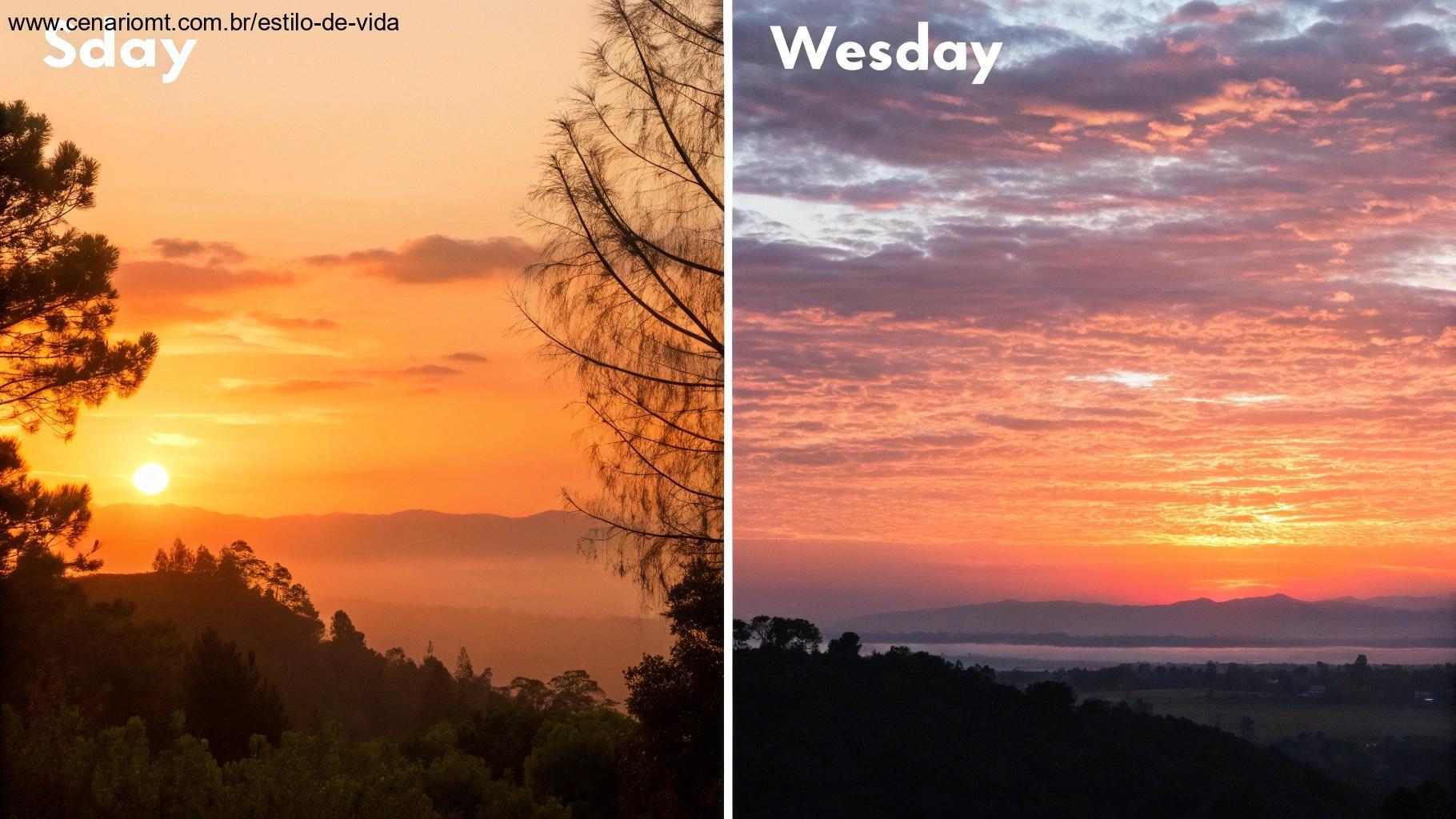 Imagens contrastantes de um pôr do sol tranquilo na quarta-feira e um nascer do sol vibrante na quinta-feira