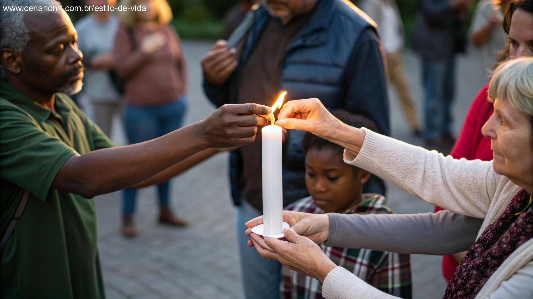 Grupo diversificado de pessoas passando chama de vela entre as mãos em círculo