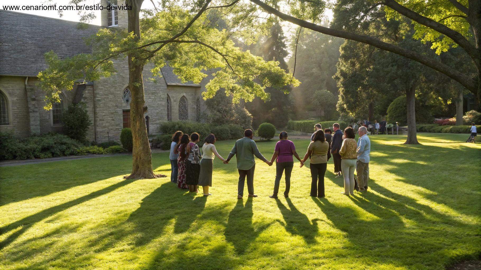 Grupo de pessoas diversas de mãos dadas em círculo num jardim de igreja