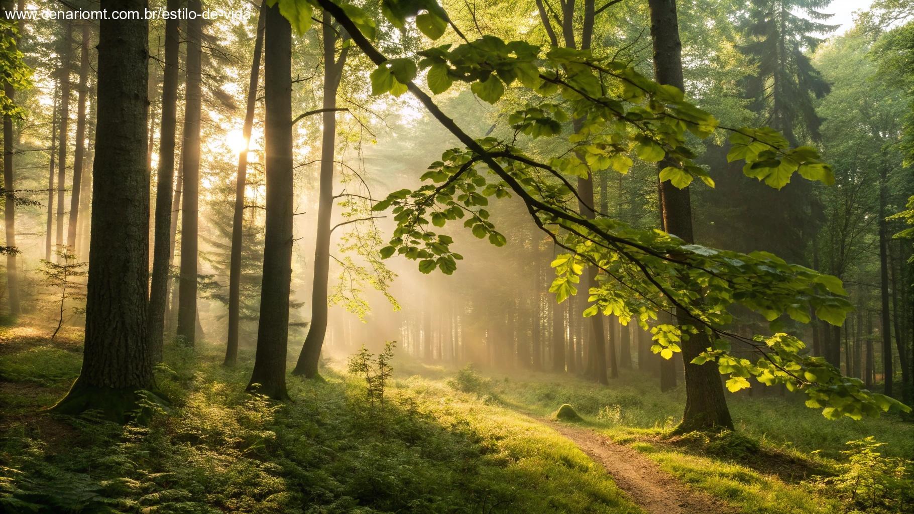 Luz dourada filtrando através de folhas verdes em uma floresta densa, criando uma atmosfera mágica e energizante