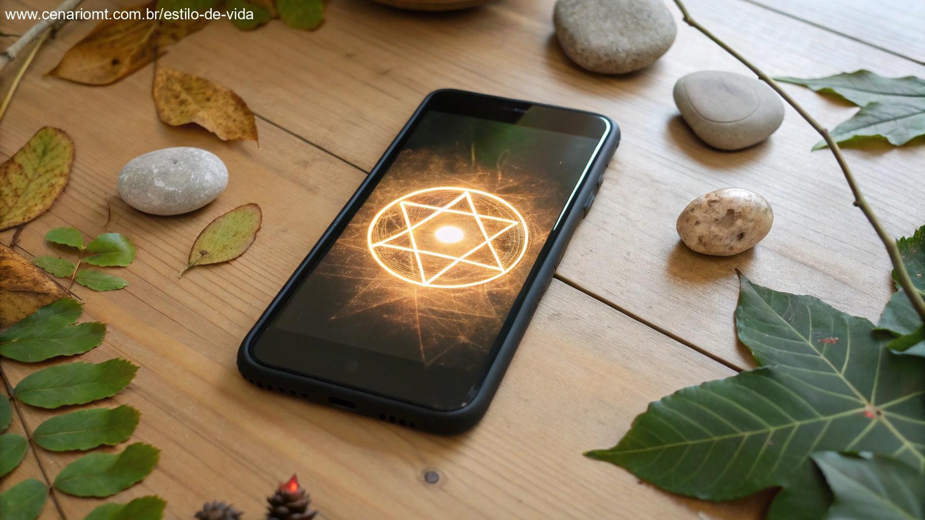 Smartphone em uma mesa de madeira mostrando um símbolo religioso luminoso