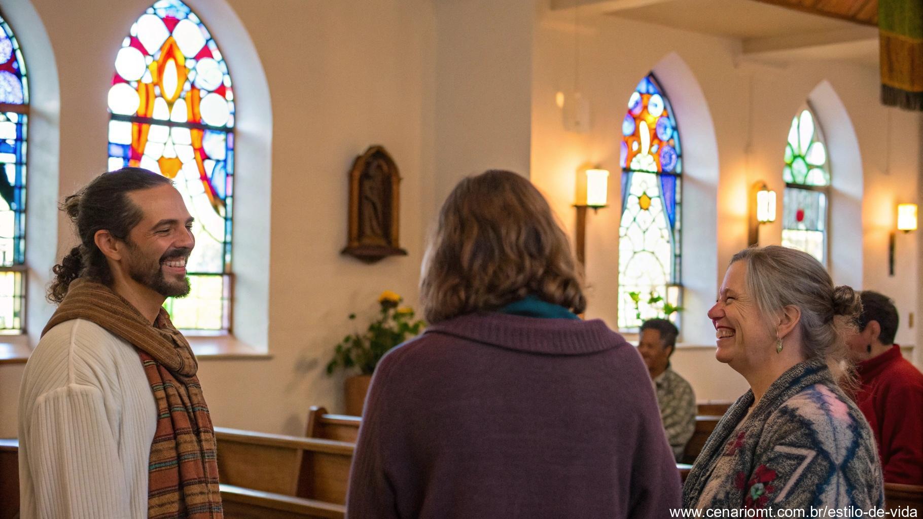 Grupo reunido em igreja com clima de paz e espiritualidade