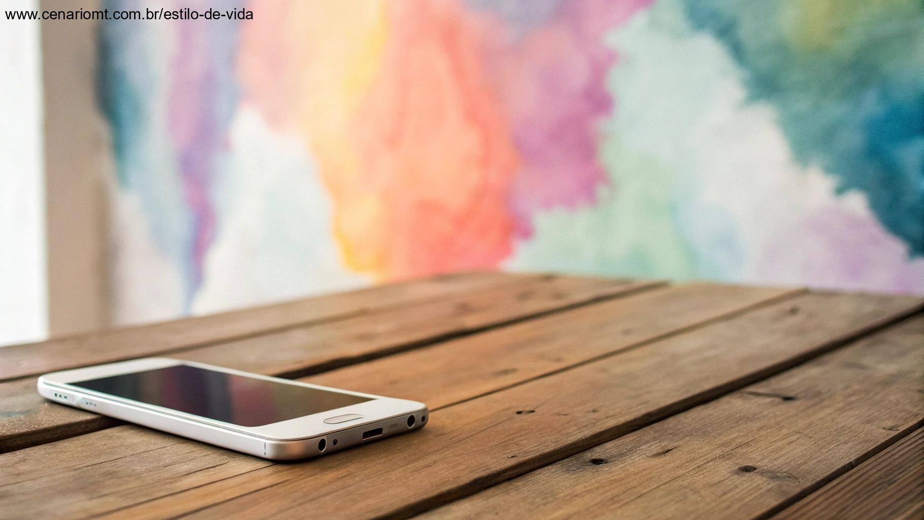 Smartphone em uma mesa de madeira com fundo abstrato de aquarelas suaves