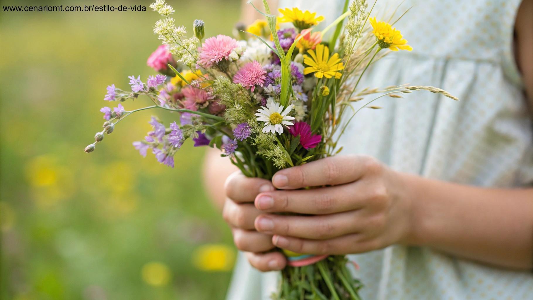Primeiro plano de mãos segurando suavemente um buquê de flores silvestres, representando o ato de compartilhar bênçãos e bondade.