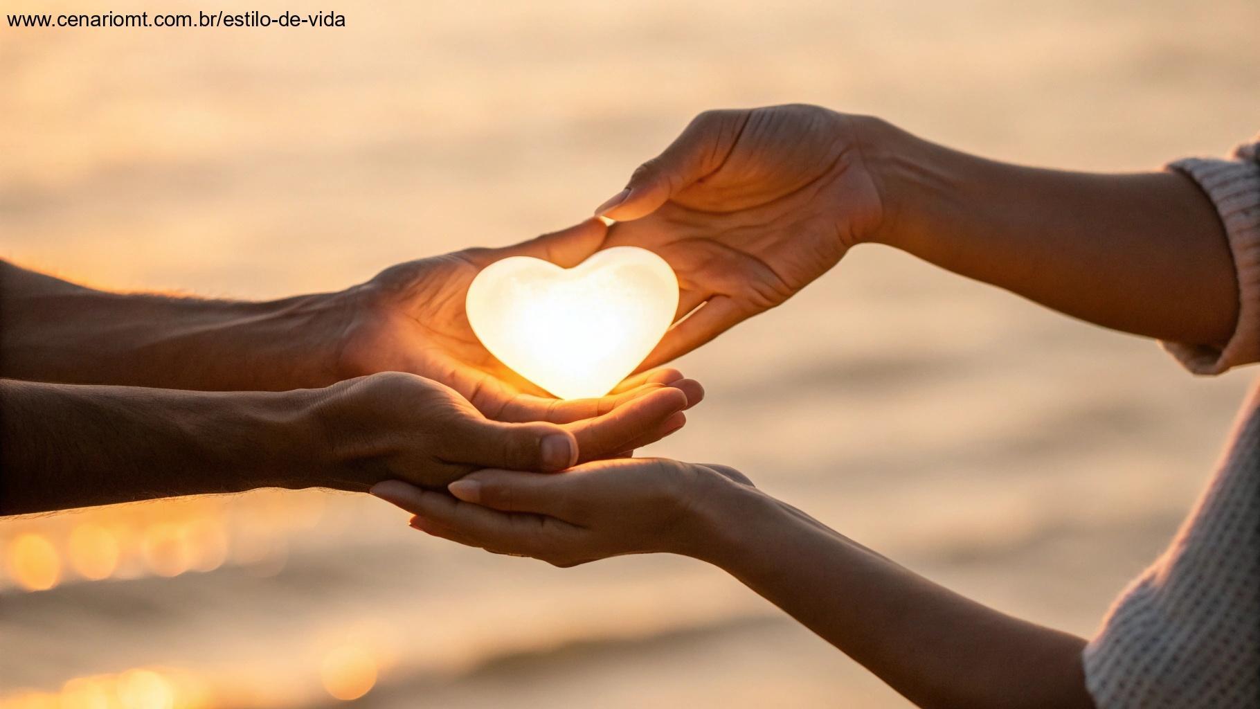 Duas mãos segurando suavemente uma luz em forma de coração brilhante