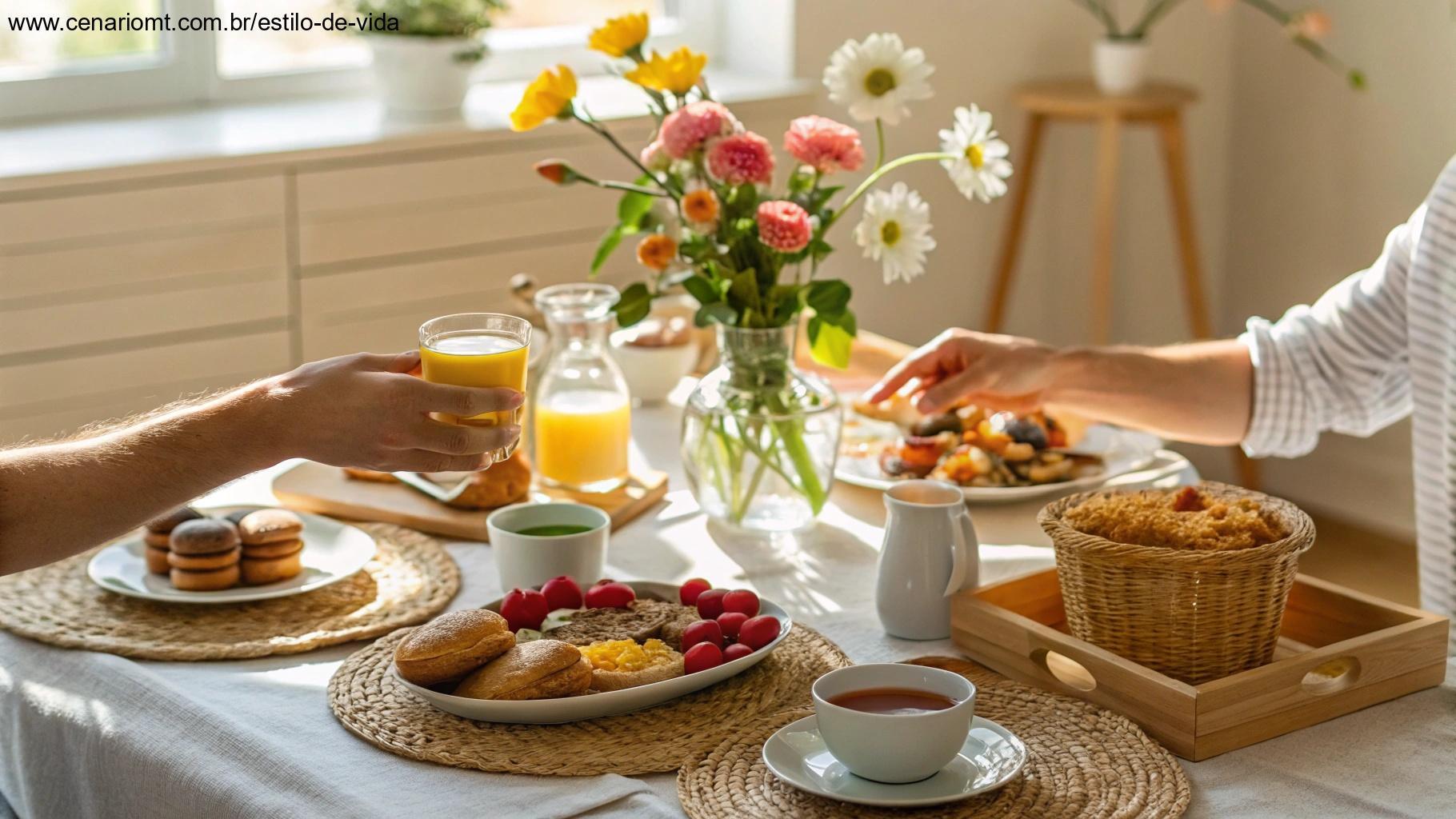 Mesa de café da manhã de domingo com luz natural e flores