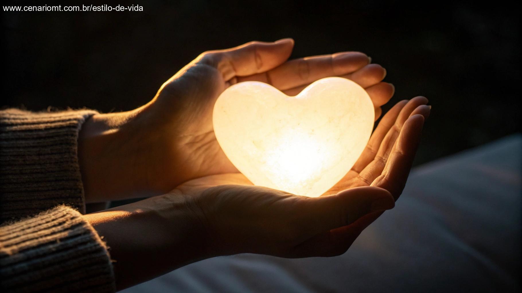 Mãos segurando uma luz em forma de coração brilhando suavemente