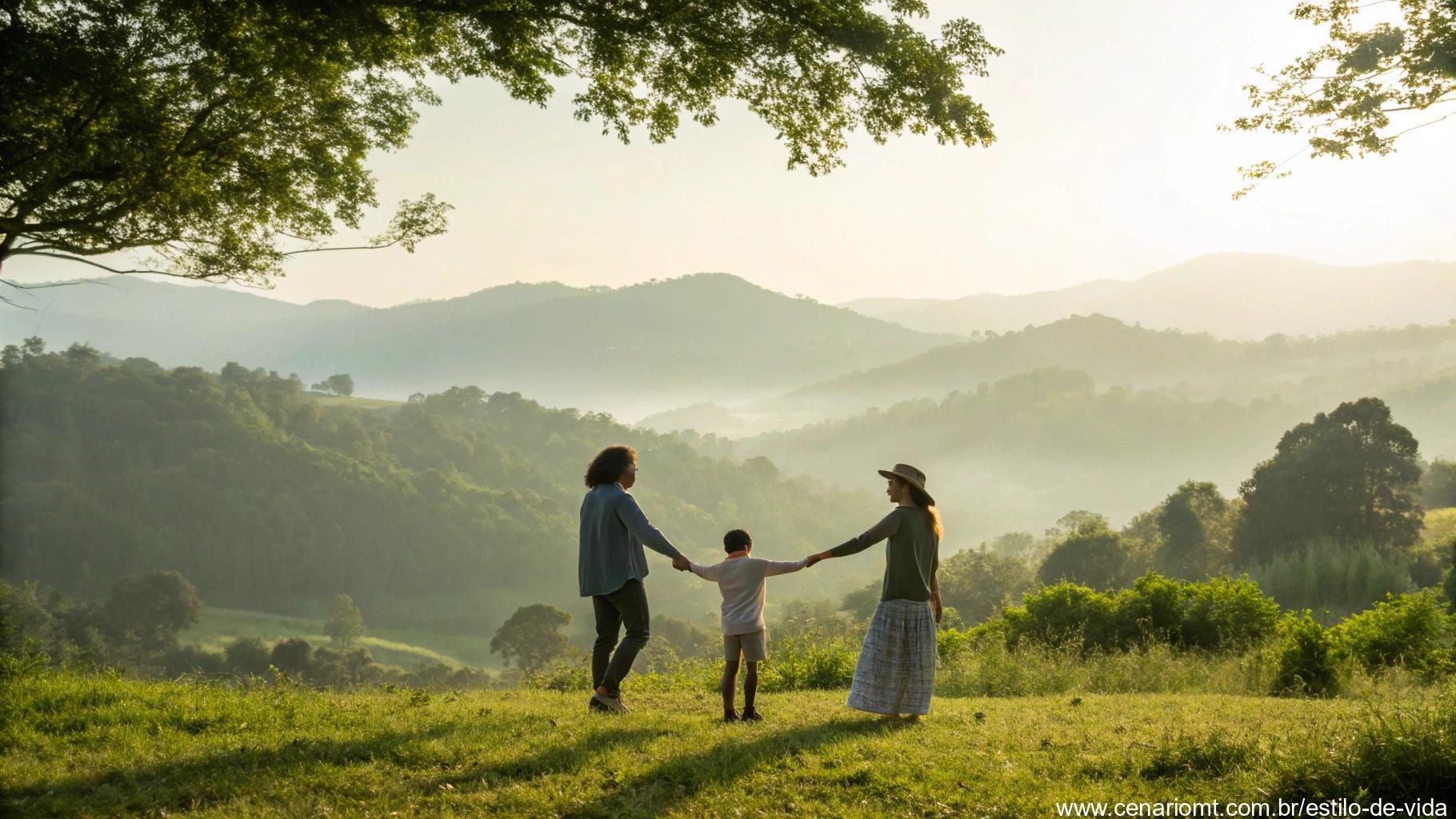 Família reunida em oração ao amanhecer, transmitindo o amor de Deus