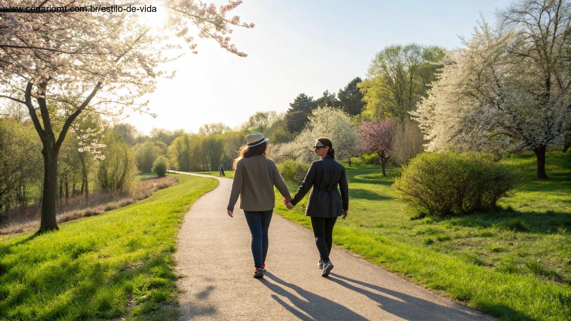 Casal caminhando em um parque florido em clima de carinho