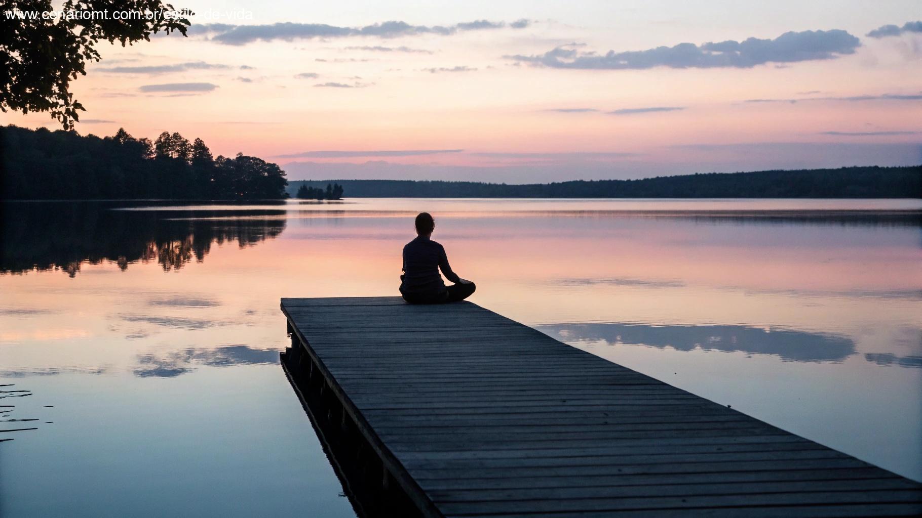 Vista ampla de um lago tranquilo ao entardecer com silhueta de pessoa meditando no píer, água imóvel refletindo o céu pastel