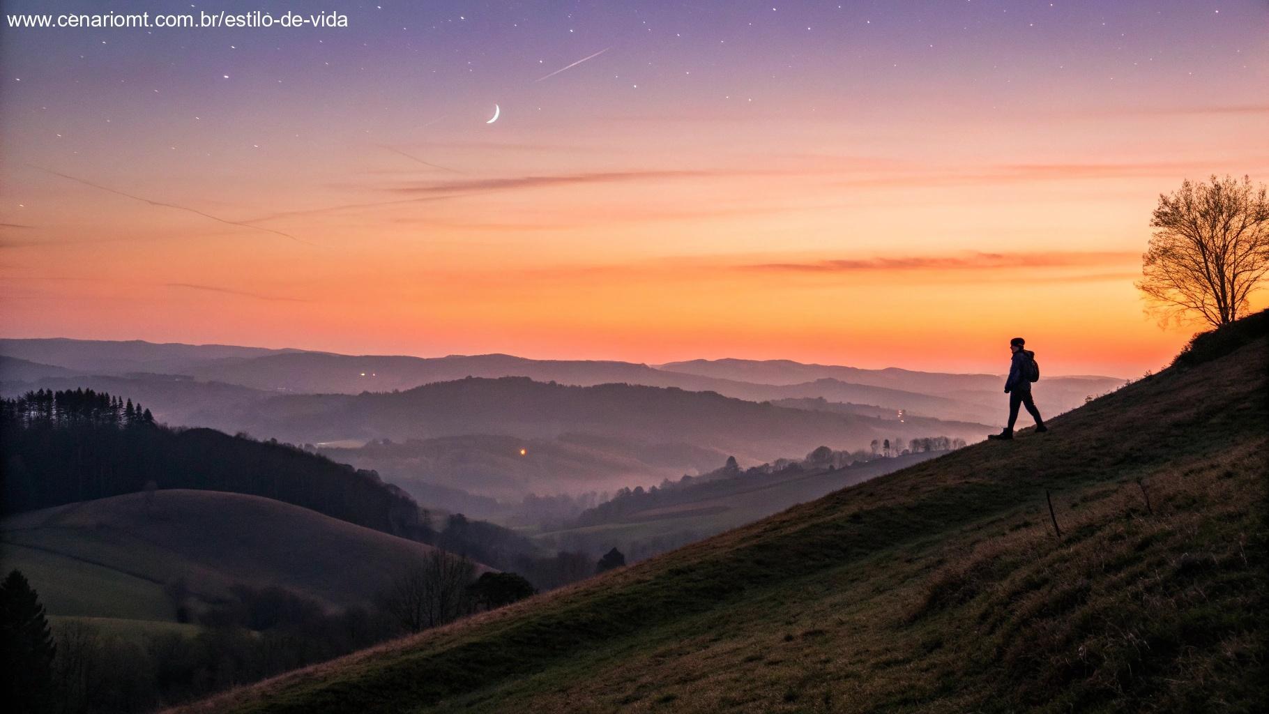 Vista do pôr do sol sobre colinas onduladas com a silhueta de uma pessoa caminhando ao longo de uma crista, o céu pintado em tons quentes de laranja e roxo, com as primeiras estrelas começando a aparecer